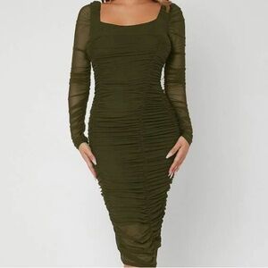 SHEIN army green Ruched Mesh Bodycon Dress